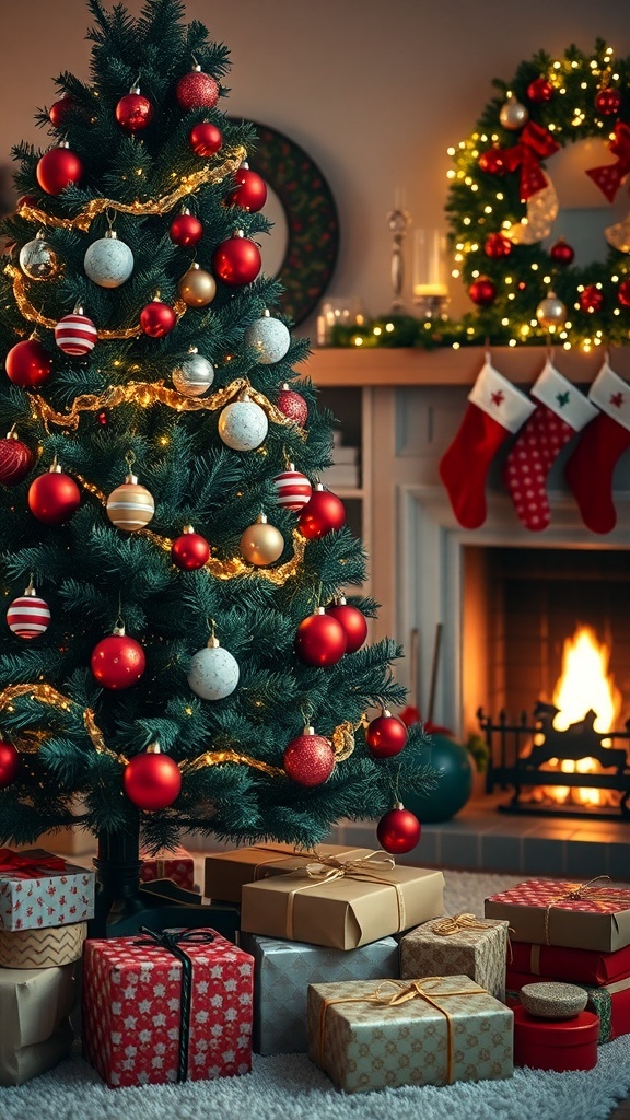 A cozy Christmas living room with a decorated tree, gifts, and a fireplace.